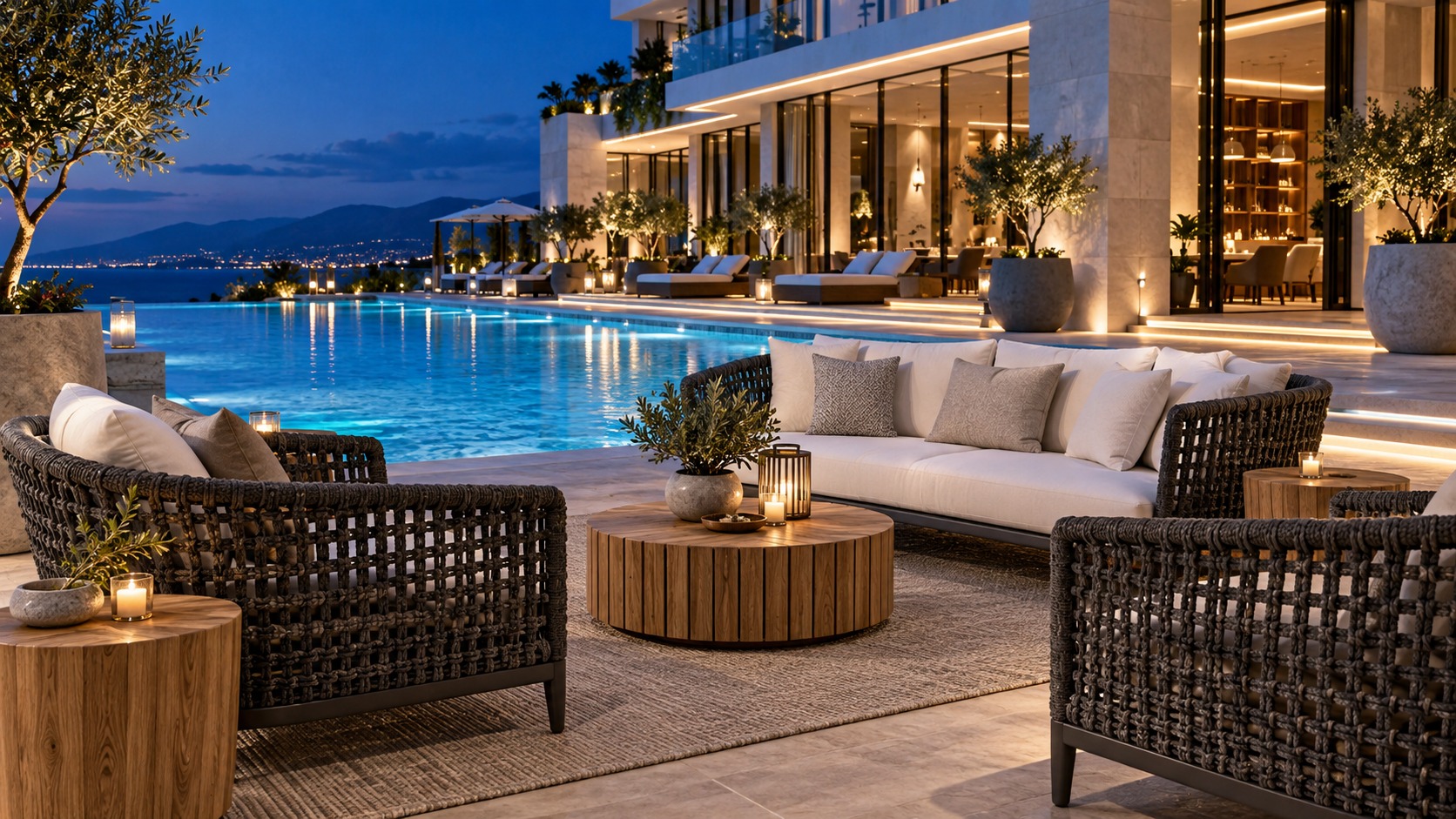 REKON modern patio furniture beside a luxury hotel pool at blue hour